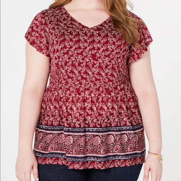 Style & Co. Tops - Style & Co Red Printed Flutter Sleeve Top Size 3X